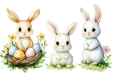 Obraz premium Realistic watercolor illustration for Easter cards, depicting a bird in its nest and a bunny amidst spring flowers, all on an isolated background