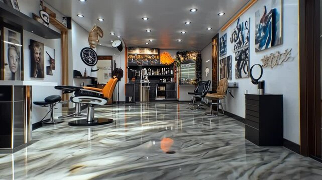 Modern barbershop interior, stylish salon,  empty chairs,  art on walls