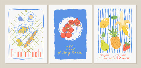Hand drawn dolce vita food posters. Set of vector abstract food posters with brunch, tomatoes, summer fruits. Vintage whimsical compositions for cards, posters, decor for kitchen, cafes, restaurants.