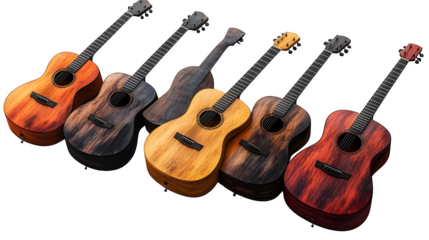 3D rendered set of six wood-finish acoustic guitars, clean and realistic, isolated on white background