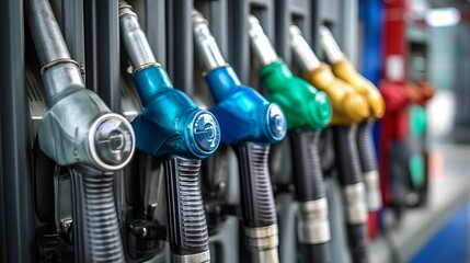 Closeup of multicolored petrol pump nozzles in dispenser Blue red green and gold fuel guns in service setup
