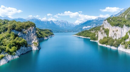 Scenic mountain lake vista. Lush greenery flanks a tranquil azure lake nestled amidst towering, rocky peaks