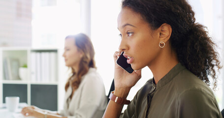 Phone call, business communication and woman in workplace, negotiation or networking with mobile discussion. Contact, conversation and corporate deal with feedback, consulting and coworking office
