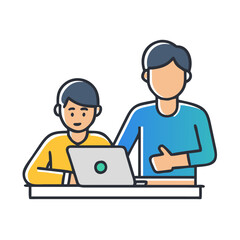 Parent helping kid with homework on computer icon