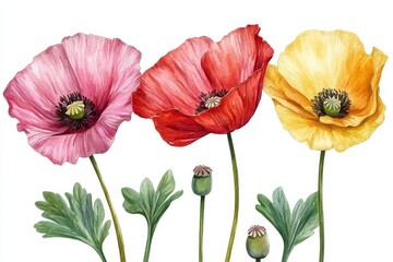 Obraz premium Poppies, in various forms including buds, seeds, and leaves, are beautifully illustrated in watercolor on a white background as part of a botanical flower set