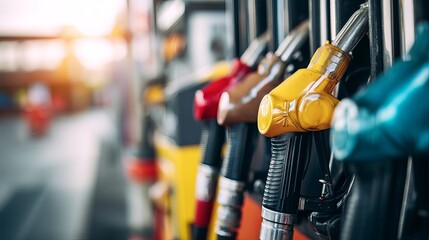 Obraz premium Gas pump nozzles lined up in a service station Standard refueling setup
