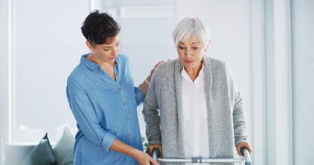 Home, caregiver and elderly woman with walker for healthcare, physio or help in retirement. Senior care, physiotherapist and old person with walking frame, mobility exercise and homecare support