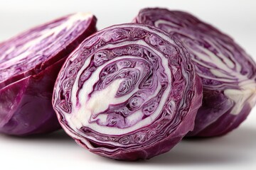 Close-up studio shot of sliced red cabbage, showcasing the detailed, layered patterns inside the vegetable, food photography concept for healthy eating and nutrition.