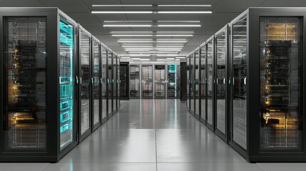 Hightech data center with operational server rows Supercomputer and telecommunications infrastructure