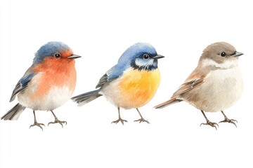 Fototapeta premium This illustration showcases a set of hand-painted watercolor birds, comprising a Blue Roller, astrild, and wagtail, isolated on a white background