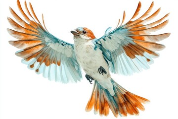 Obraz premium A watercolor hand-painted illustration of a blue bird, known as a Roller or Coracias garrulus, is shown isolated on a white background