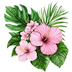 Exotic palm leaves and colorful hibiscus flowers are characteristic of tropical settings, often illustrated through delicate watercolor artwork showcasing green flora