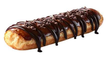 A high-definition, realistic chocolate eclair pastry, isolated on a white background