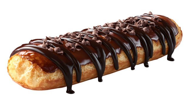 A high-definition, realistic chocolate eclair pastry, isolated on a white background
