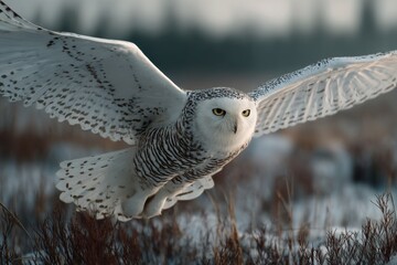 A striking snowy owl soaring gracefully across a winter landscape, wings spread wide, showcasing its beautiful white plumage and piercing yellow eyes in clear detail.