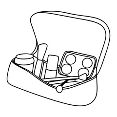 Makeup kit with cosmetic items in a stylish bag