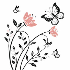 Elegant Floral Design with Butterflies and Delicate Pink Flowers