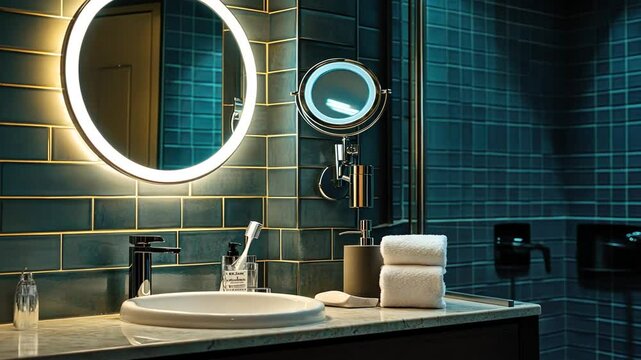Modern bathroom vanity with round mirror, teal tiles, and towels