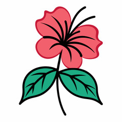 Hibiscus flower line art with leaf isolated on white background