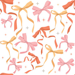 Seamless pattern with cute pastel bows and sparkles on white background. Perfect for gift wrap, textile, feminine design, nursery, holiday decor, or greeting cards.