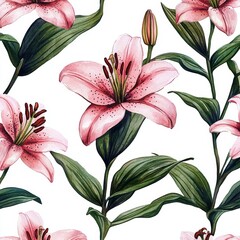 The illustration depicts a seamless pattern of blooming lilies in pink, set against an isolated background, showcasing spring flowers and lily flora in watercolor