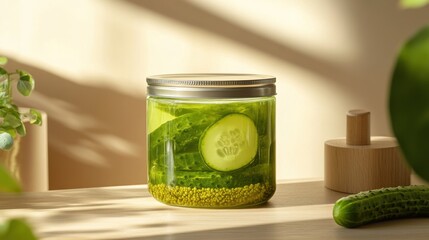 A premium pickled jar mockup with a glossy metallic lid, showcasing fresh pickled cucumbers, placed on a light wooden surface 
