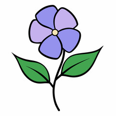 Periwinkle flower line art with leaf isolated on white background