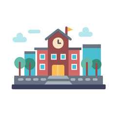 Cute Cartoon School Building with Clock and Trees
