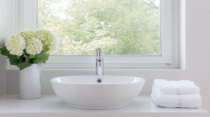 Modern bathroom sink with fresh flowers and towels