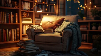 A cozy reading nook with an oversized armchair, warm lighting, and a stack of books --ar 16:9 --v 6.1 Job ID: 030b1f2a-90a3-4295-afdf-70de89edf3e7