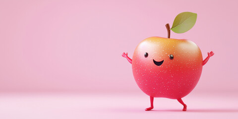 Cute apple 3d character standing in dancing pose on pink background
