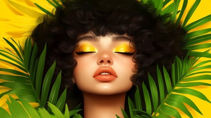 Digital woman portrait lies with closed eyes on yellow background surrounded by green palm fronds.