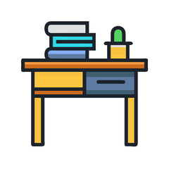 Desk illustration with books and pen holder, icon