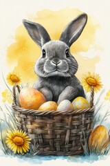 Watercolor image of a charming rabbit accompanied by delicate blush flowers and vibrant green foliage set against a simple isolated background, suitable for Easter and nursery artwork