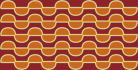 Geometric tile pattern of connected orange half-circles with yellow stripes on maroon. 