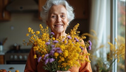 Elderly woman at home smiles. She holds fresh autumn bouquet, looks at camera. Happy senior lady with bouquet. Retirement, home, family concept. Cheerful senior with flowers.