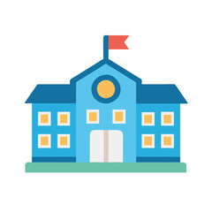 Cartoon School Building with Red Flag and Yellow Windows