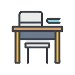 Illustration of a desk, chair, and book icon
