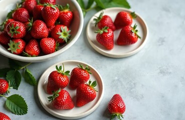 Fresh ripe strawberries, collected from garden, presented on white plates and bowl. Homemade winter fruit blanks, berry harvest. Sweet red fruits, healthy vegan snacks, jams or desserts preparations.