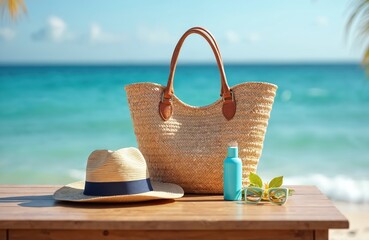 Beach accessories on wooden table near sea. Bag sunglasses sunblock, hat, summer vacation travel concept, relaxation. Seaside holiday, tropical resort theme. Vacation lifestyle. Sunny day, blue sea.