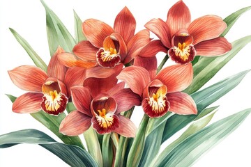 Naklejka premium The combination of an orchid flower and eucalyptus leaves creates a tropical watercolor floral bouquet, presented on a white background and intended for use in design and artistic projects