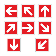 Set of nine red and white emergency exit signs indicating various escape routes