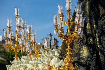 Detail of the decoration of the float of Our Lady of Solitude of Calvary on Holy Thursday during Holy Week in Murcia, Spain.