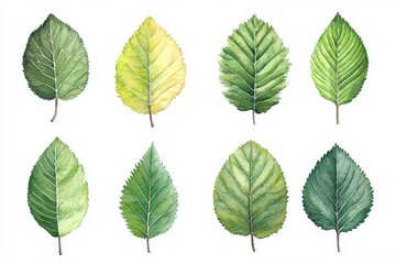 Green leaves are showcased in a beautiful floral design, set against a white background and created using a hand-painted watercolor botanical technique