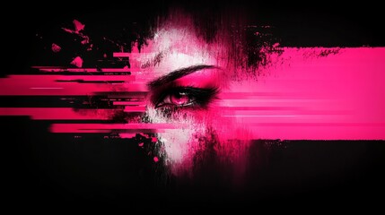 Obraz premium Eye stares intensely, digitally distorted with bright pink hues and blurred lines on a dark background.