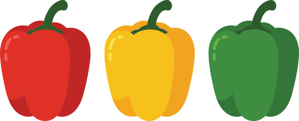 Red yellow and green bell peppers in simple flat style isolated on white background vector illustration