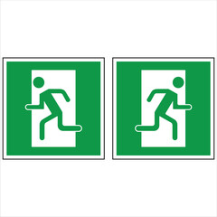 Two standard green emergency exit signs with a running person are displayed on a white background, indicating escape routes