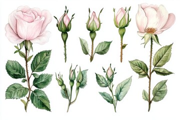 Fototapeta premium The floral set includes roses, complete with green leaves and buds, isolated on a white background in a watercolor botanical illustration suitable for design