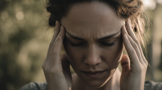 Close-up of woman's face, eyes closed, hands gently touching temples, conveying stress or headache. Represents mental health, fatigue, or emotional distress
