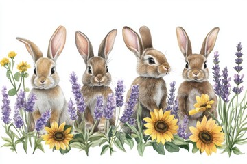 Obraz premium A watercolor illustration on a white background showcases a cute baby bunny and flowers, all hand-drawn for a spring-themed set of adorable animals